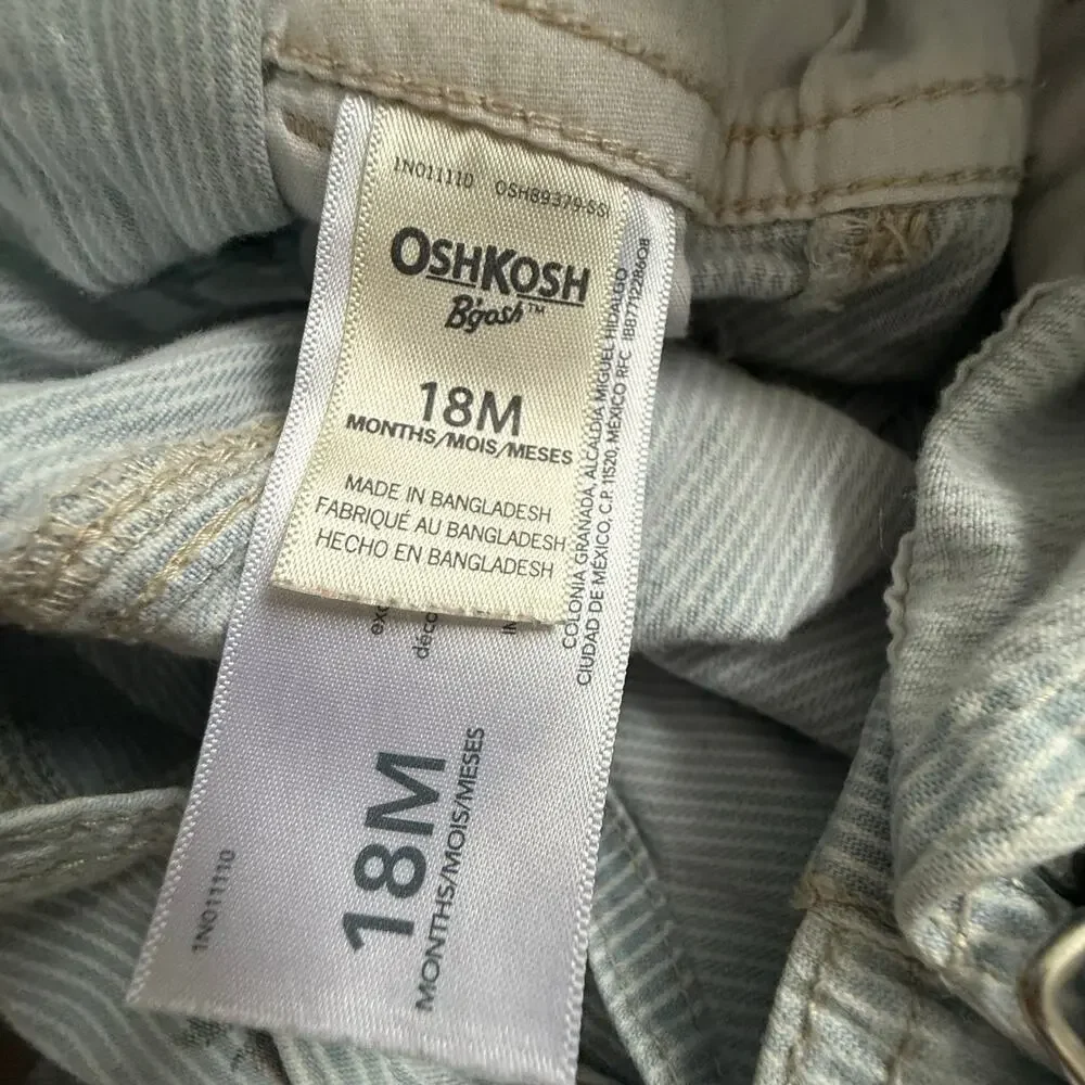 OshKosh Shortalls Overalls Girl 18 Months Light Blue Engineer Stripe Floral Pink